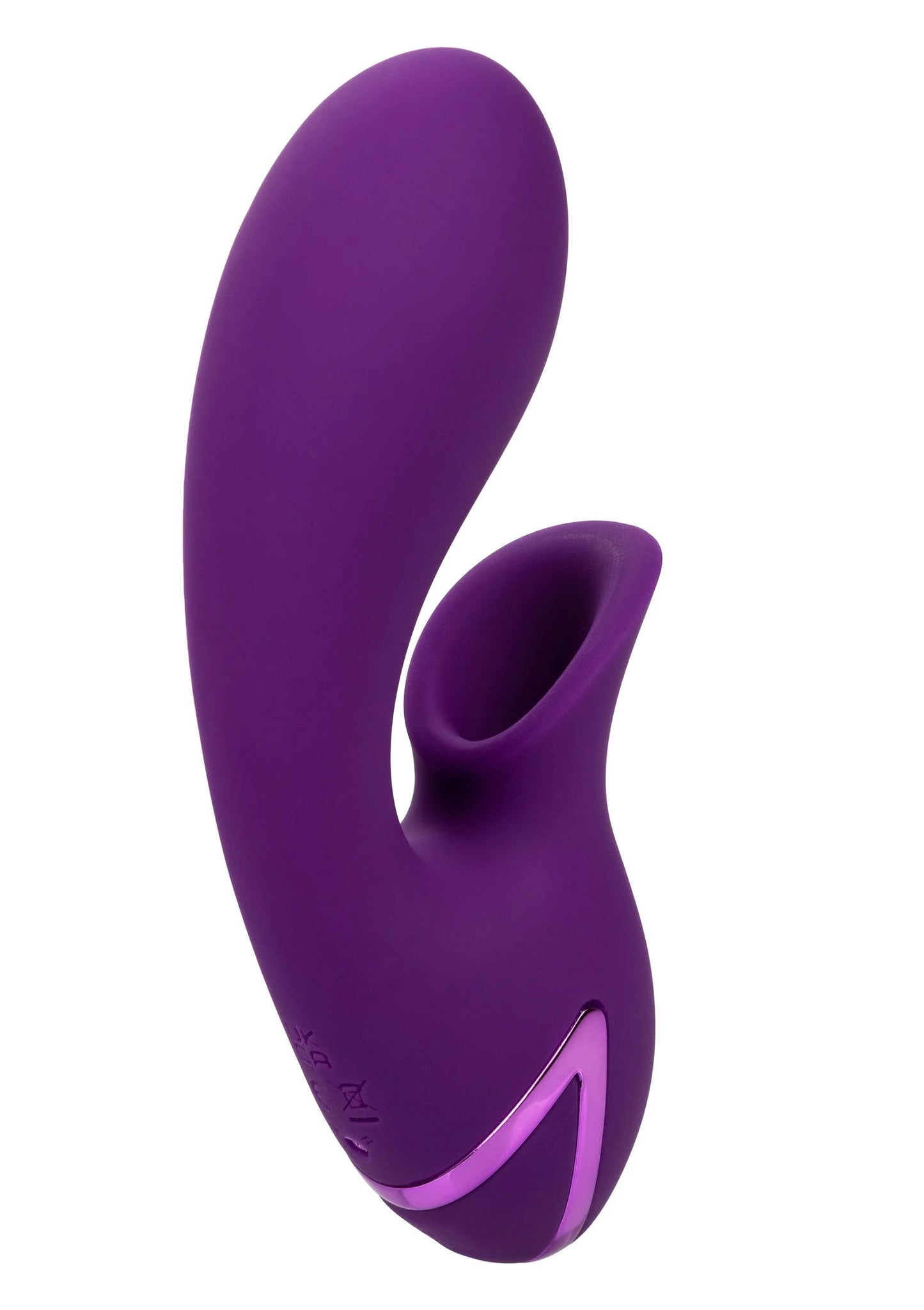 Paarse dual-massager in zijaanzicht, met holte voor contact