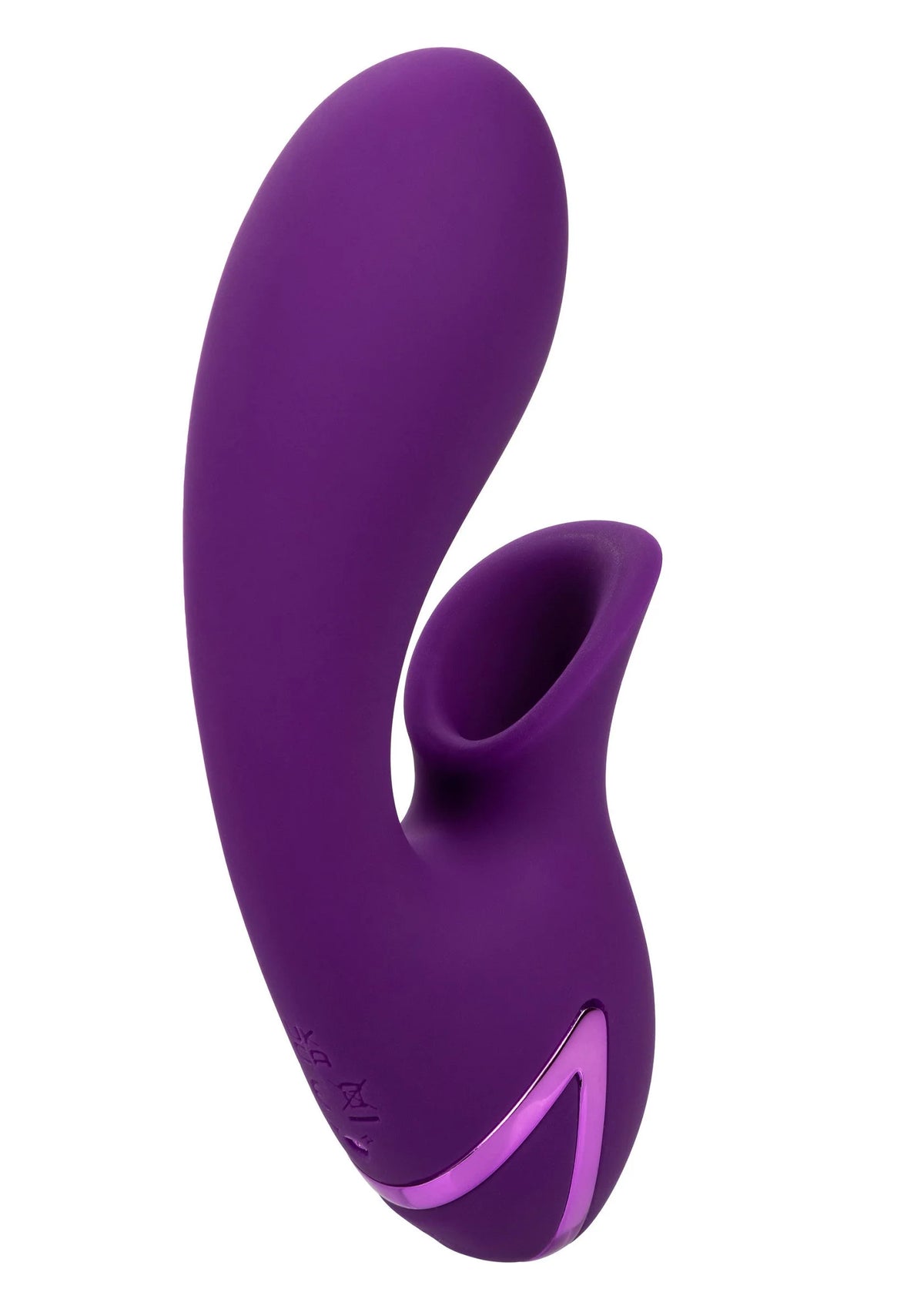 Paarse dual-massager in zijaanzicht, met holte voor contact
