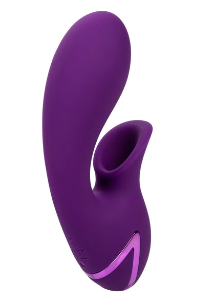 Paarse dual-massager in zijaanzicht, met holte voor contact