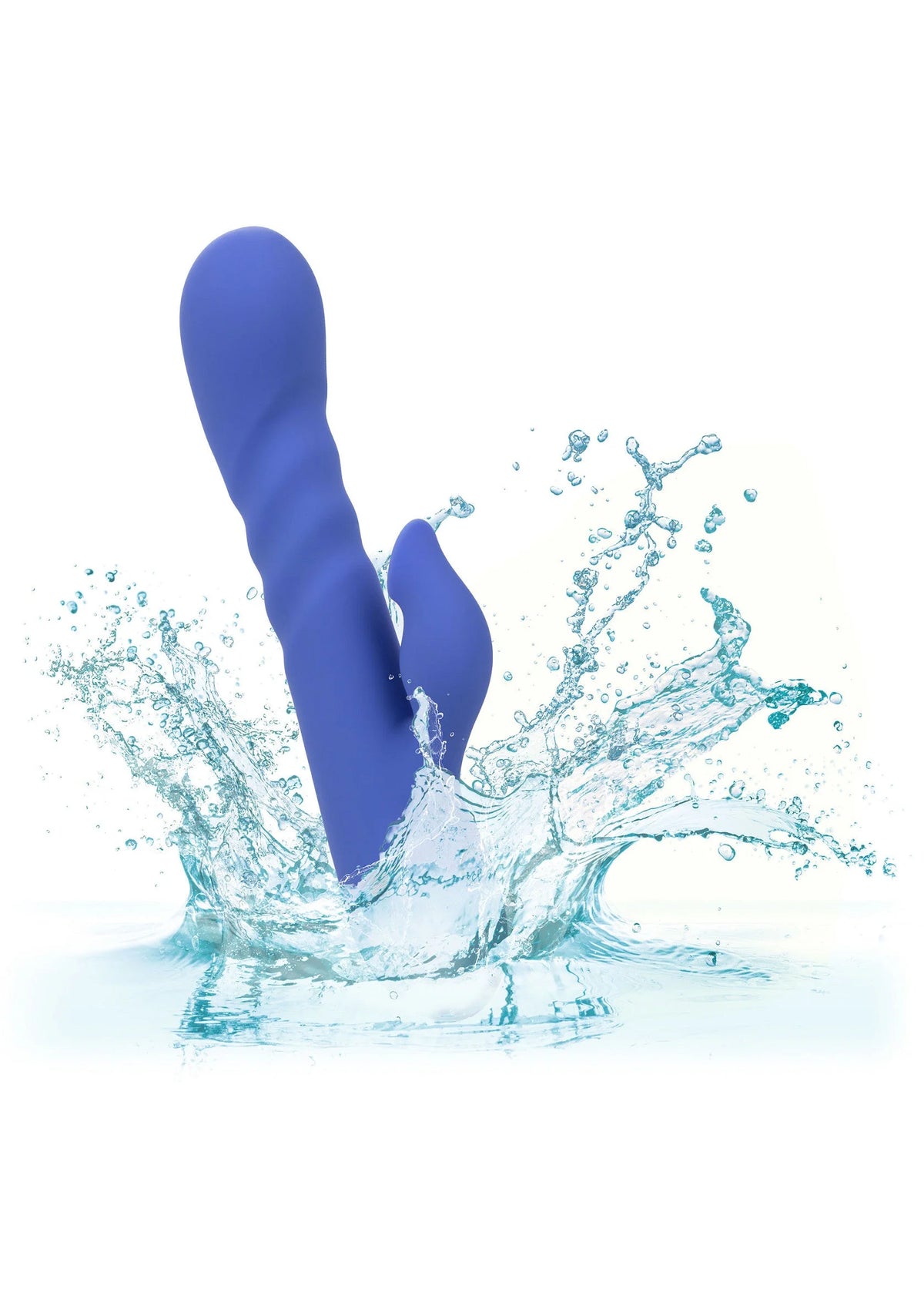 Blauw siliconen seksspeeltje in water met spetters rond de basis.