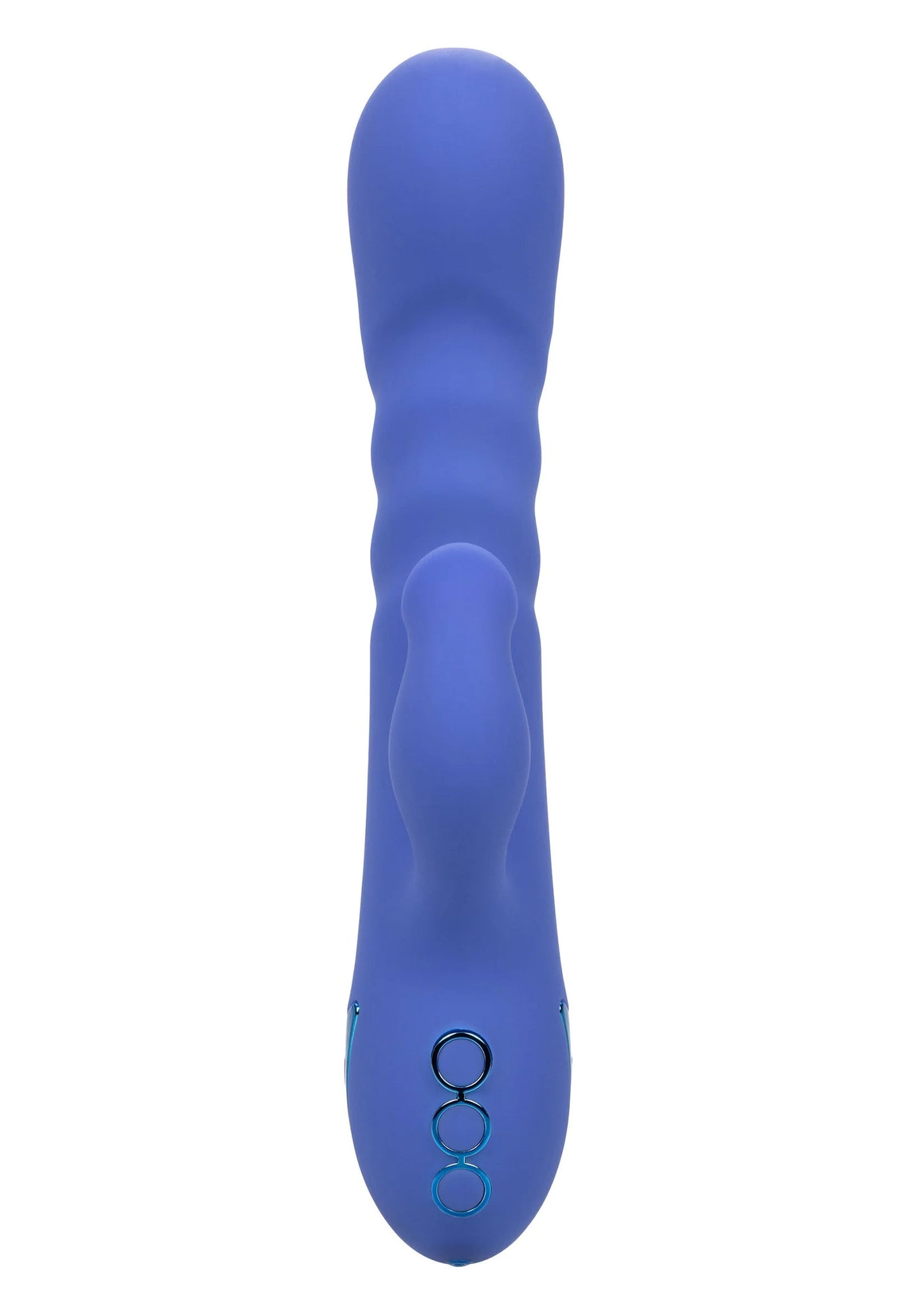 blauwe siliconen vibrator met drie ronde openingen onderaan