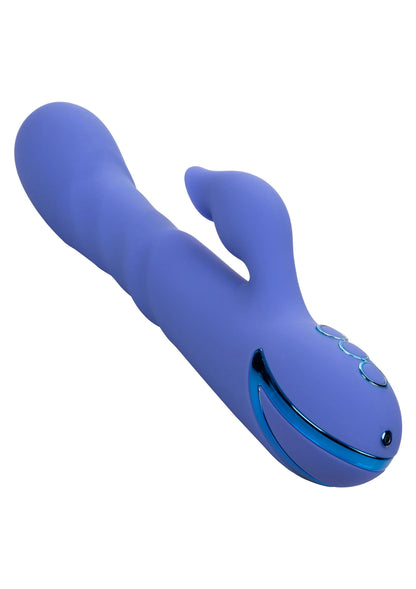 Blauw siliconen seksspeeltje met afgeronde kop en zichtbare knoppen.