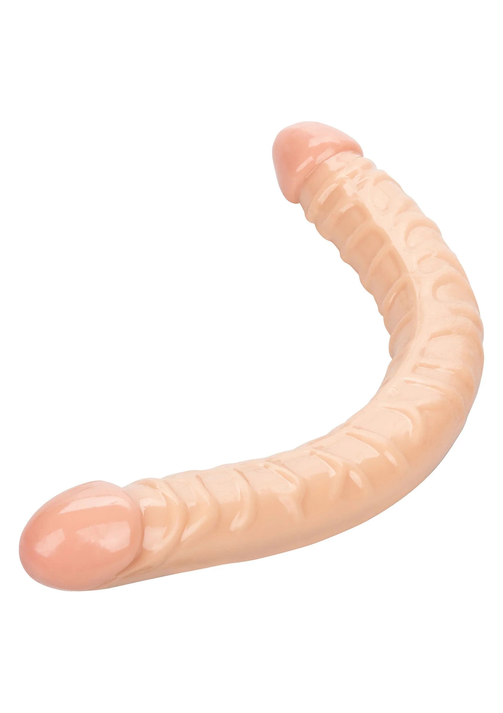 Dubbelzijdige dildo close-up, lichtroze met reliëf en ronde uiteinden.