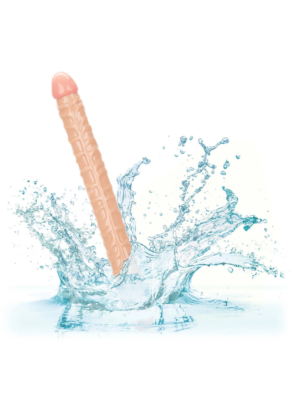 Dubbelzijdige dildo, lichtroze, met reliëf; in waterdruppels geshowd.