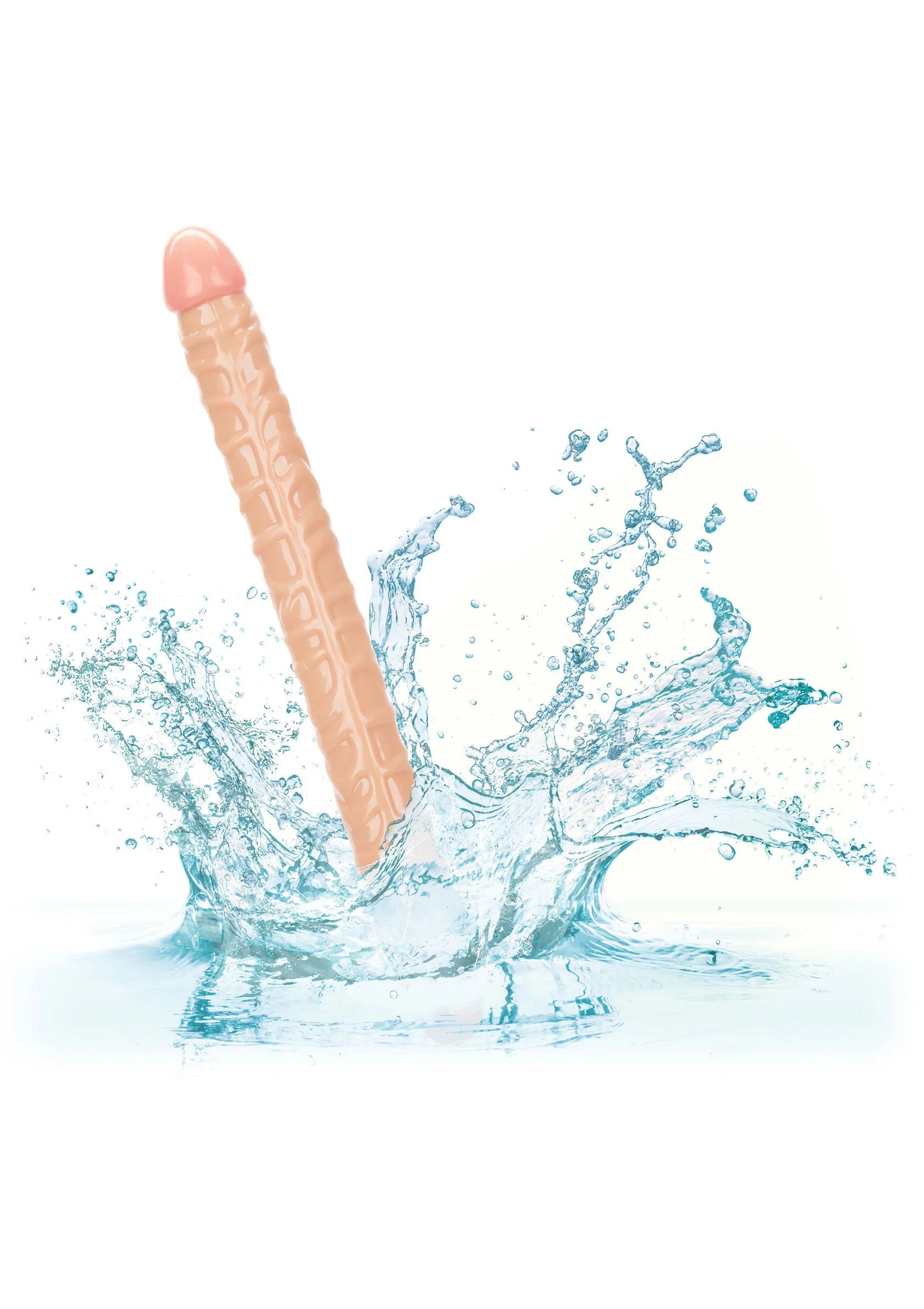 Dubbelzijdige dildo, lichtroze, met reliëf; in waterdruppels geshowd.