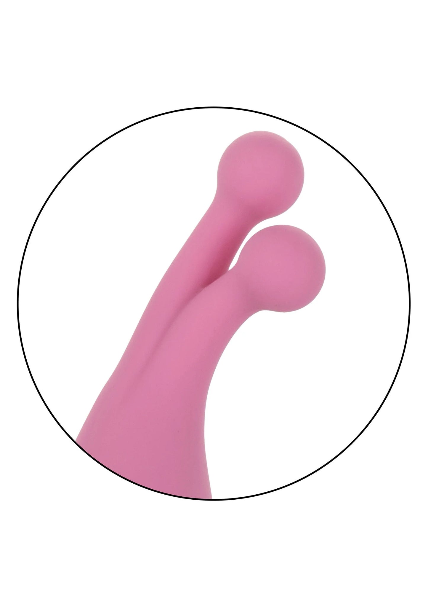 Roze dual-sided massager vibrator close-up; afgeronde uiteinden en glad oppervlak.