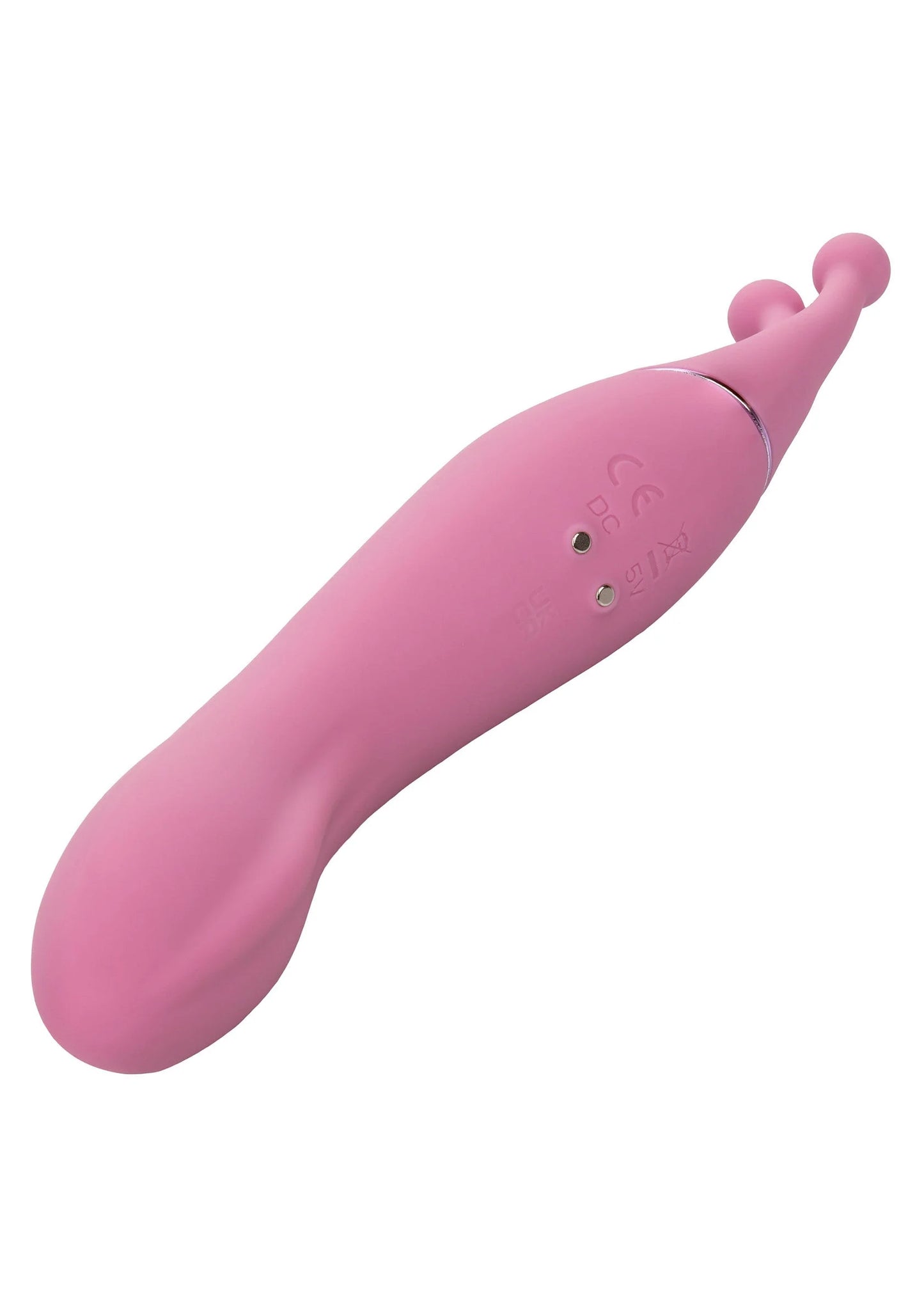 Roze dual-sided massager vibrator met detail op bedieningsgedeelte; gladde finish.