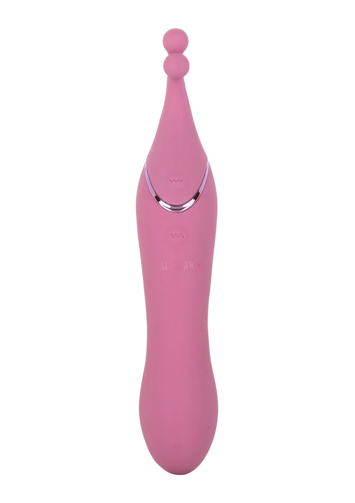 Roze dual-sided massager vibrator recht van voren; ronde uiteinden en metalen detail.