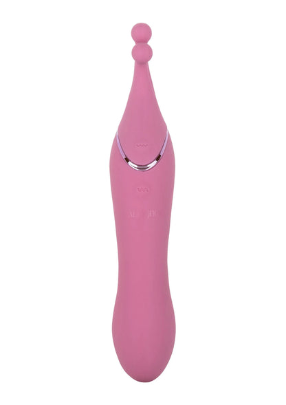 Roze dual-sided massager vibrator recht van voren; ronde uiteinden en metalen detail.