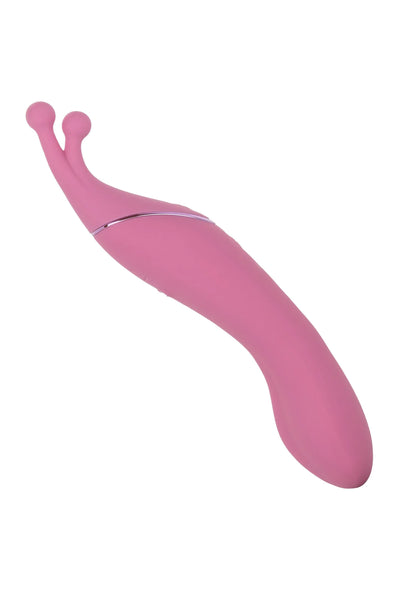 Roze dual-sided massager vibrator zijaanzicht; langwerpige vorm met ronde koppen.