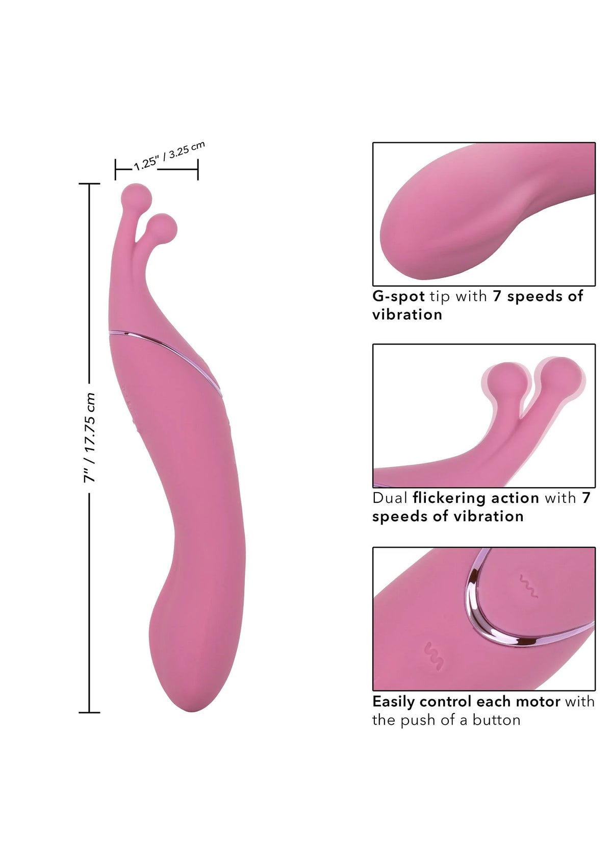Roze vibrerende 2-in-1 massager met afmetingen en 7 snelheden illustratie