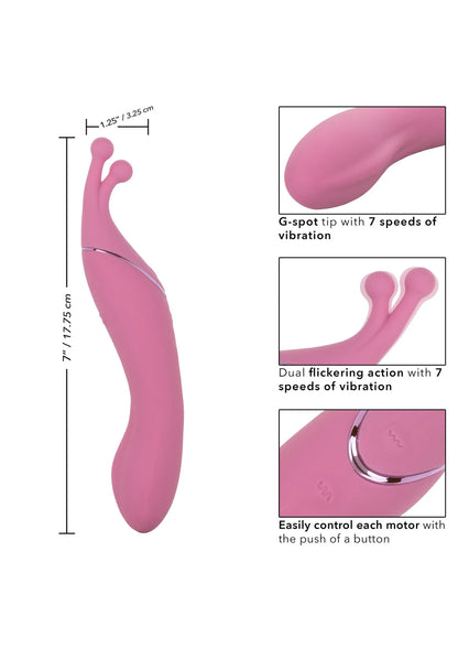 Roze vibrerende 2-in-1 massager met afmetingen en 7 snelheden illustratie