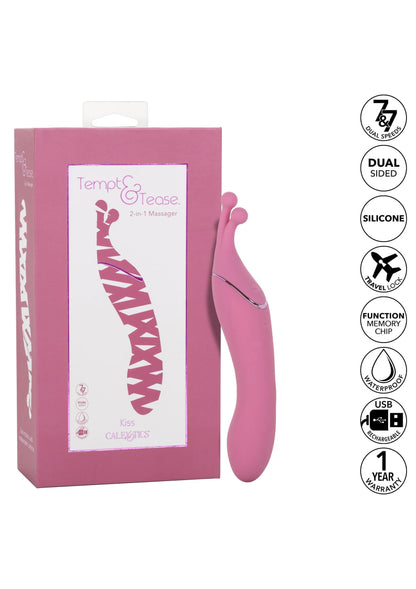 Roze dual-sided massager vibrator in doos, CalExotics Tempt & Tease Kiss.