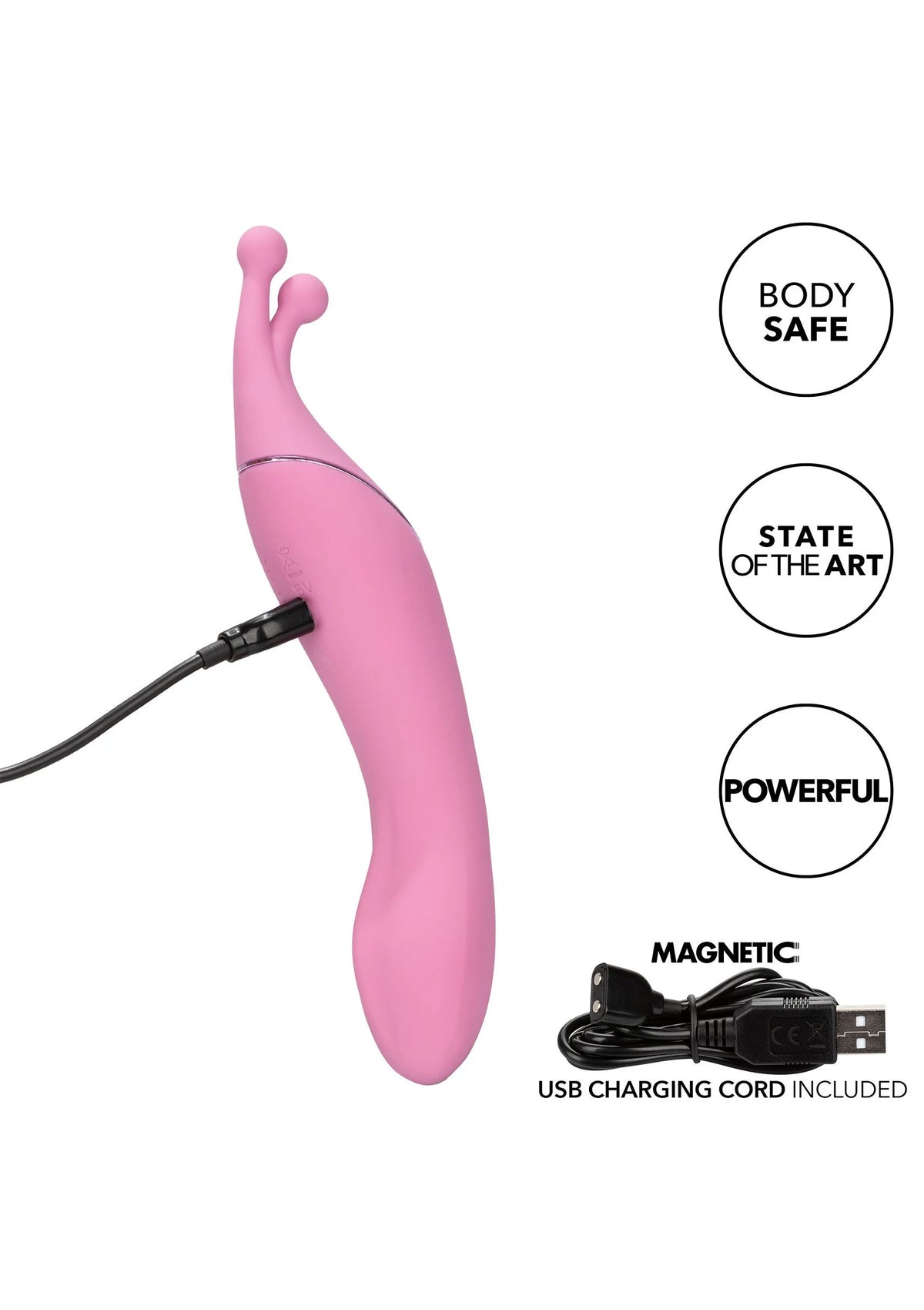 Roze dual-sided massager vibrator met snoer en USB-oplaadkabel, vaste vorm.