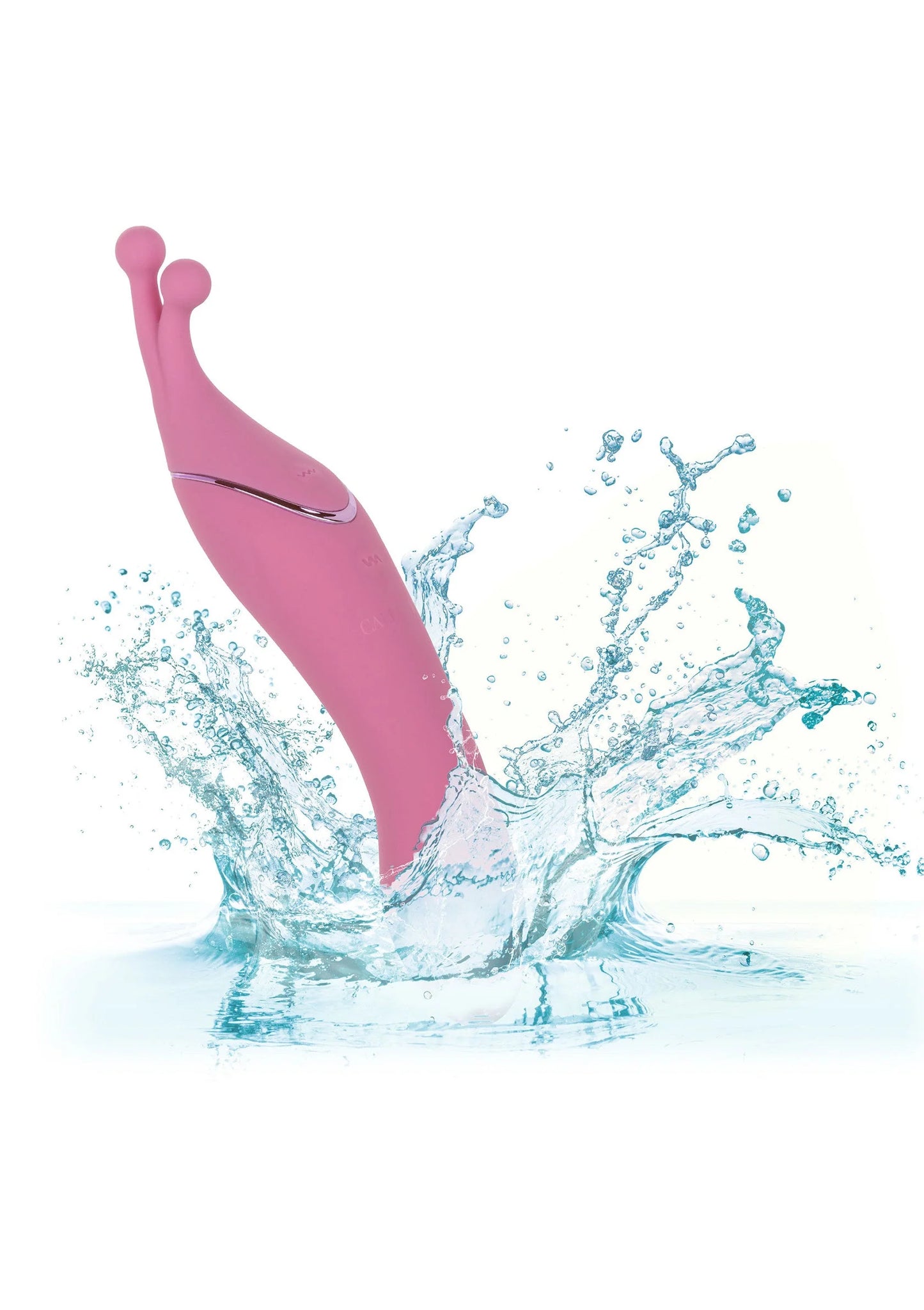 Roze dual-sided massager vibrator met waterdruppels; glad oppervlak, gebogen vorm.