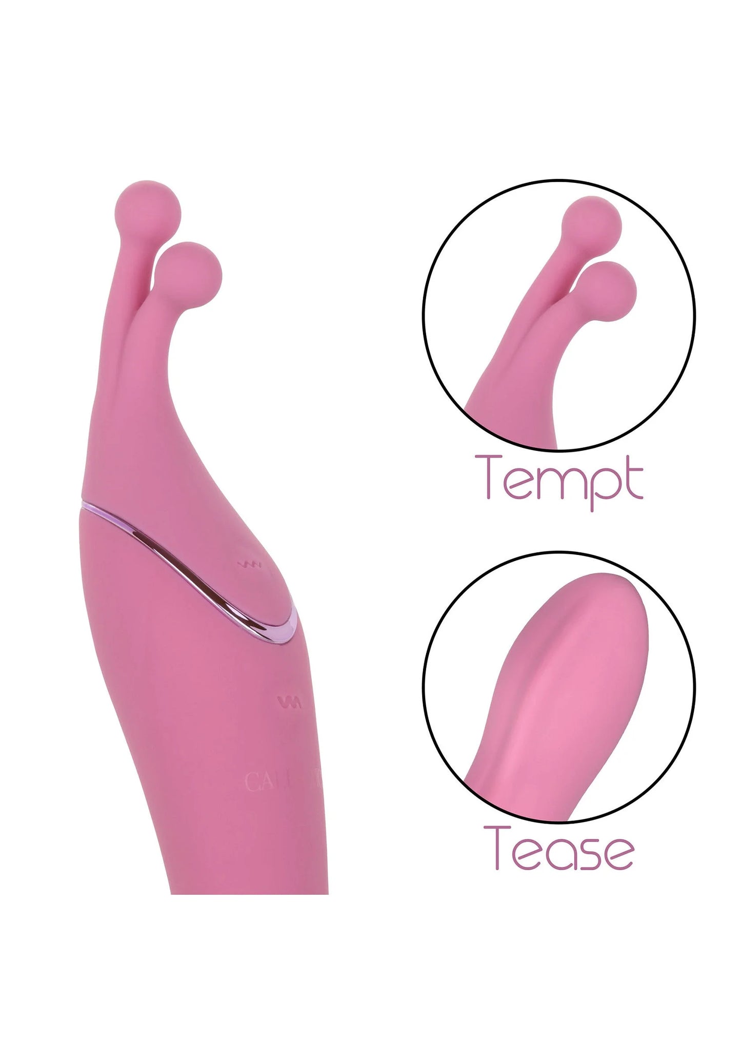 Roze dual-sided massager vibrator met labelcirkel: Tempt en Tease.