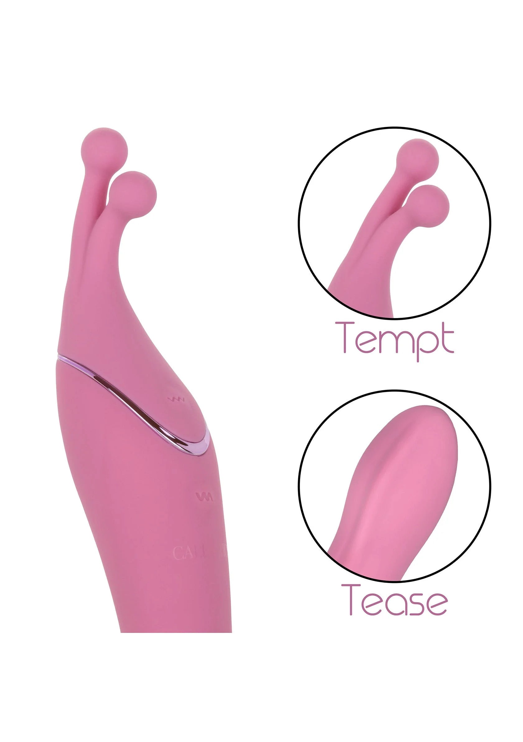 Roze dual-sided massager vibrator met labelcirkel: Tempt en Tease.