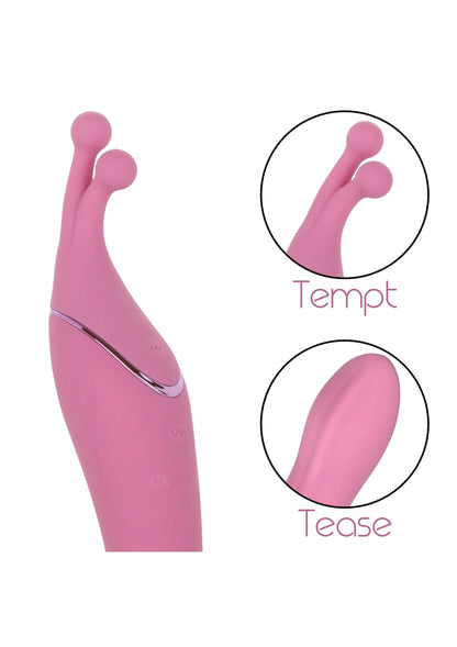 Roze dual-sided massager vibrator met labelcirkel: Tempt en Tease.