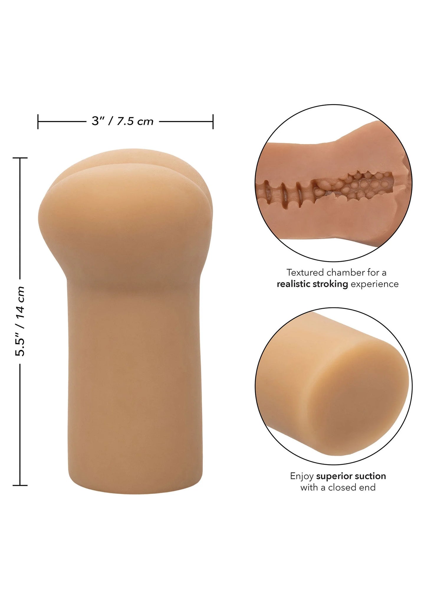 Masturbator met reliëfkamer en gesloten uiteinde, beige model met afmetingen