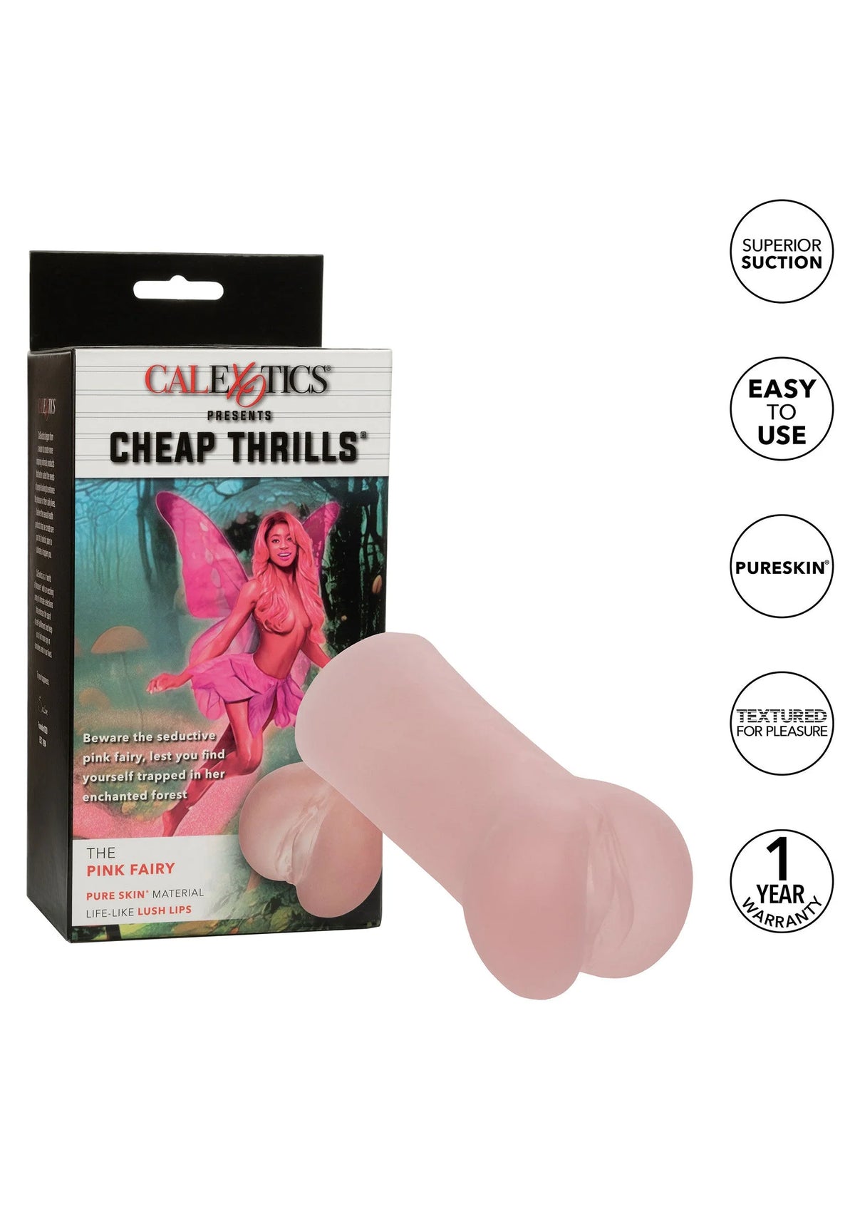 CalExotics doos met roze stroker; pijlvormige tekstuurtips zichtbaar