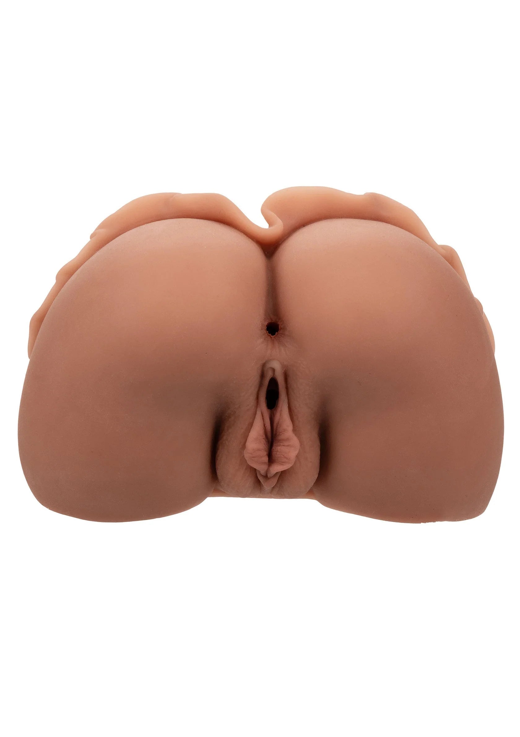 Huidkleurige sextoy met twee ronde openingen in frontaanzicht