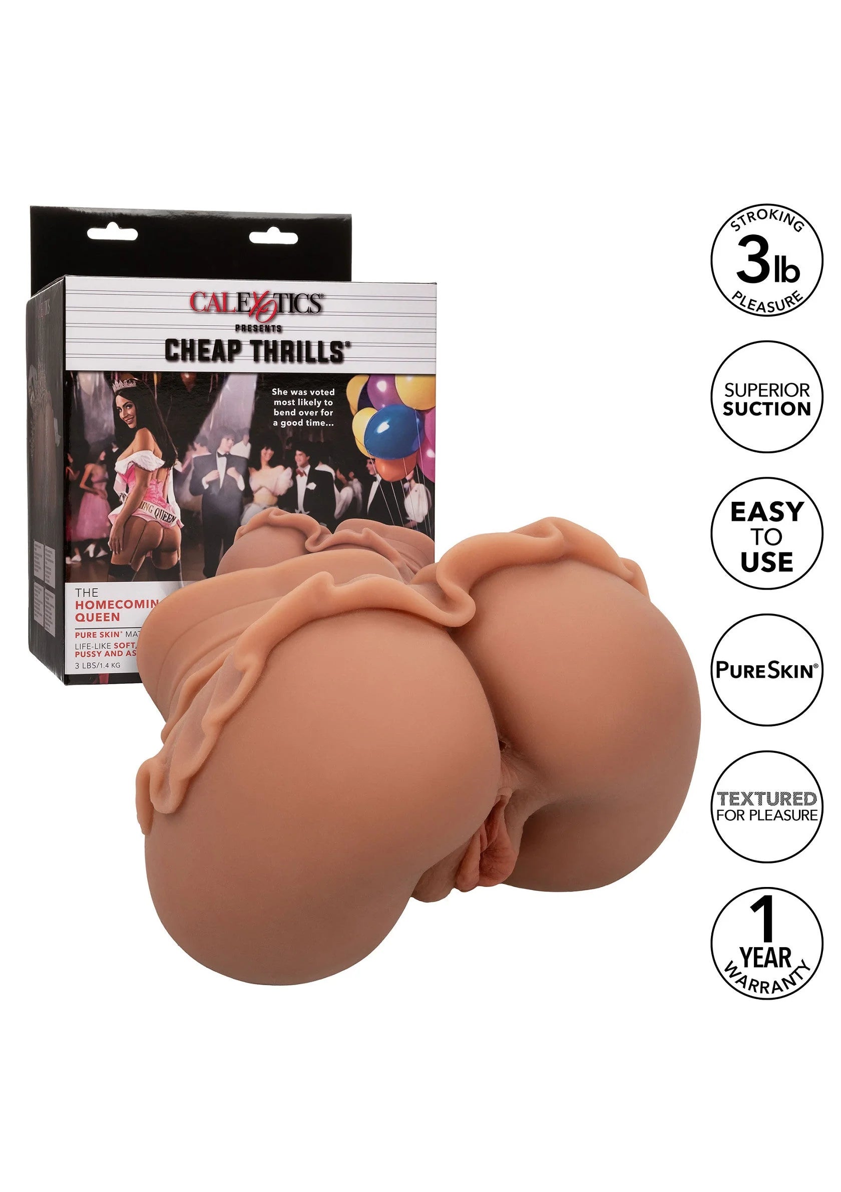 Huidkleurige sextoy met twee ronde openingen, in CalExotics-doos