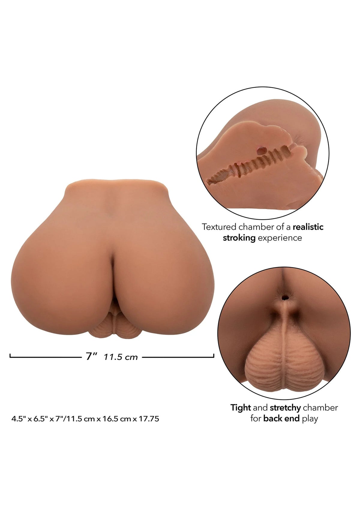 Realistische masturbator in huidskleur met textuur en ronde achtervorm, zijaanzicht.