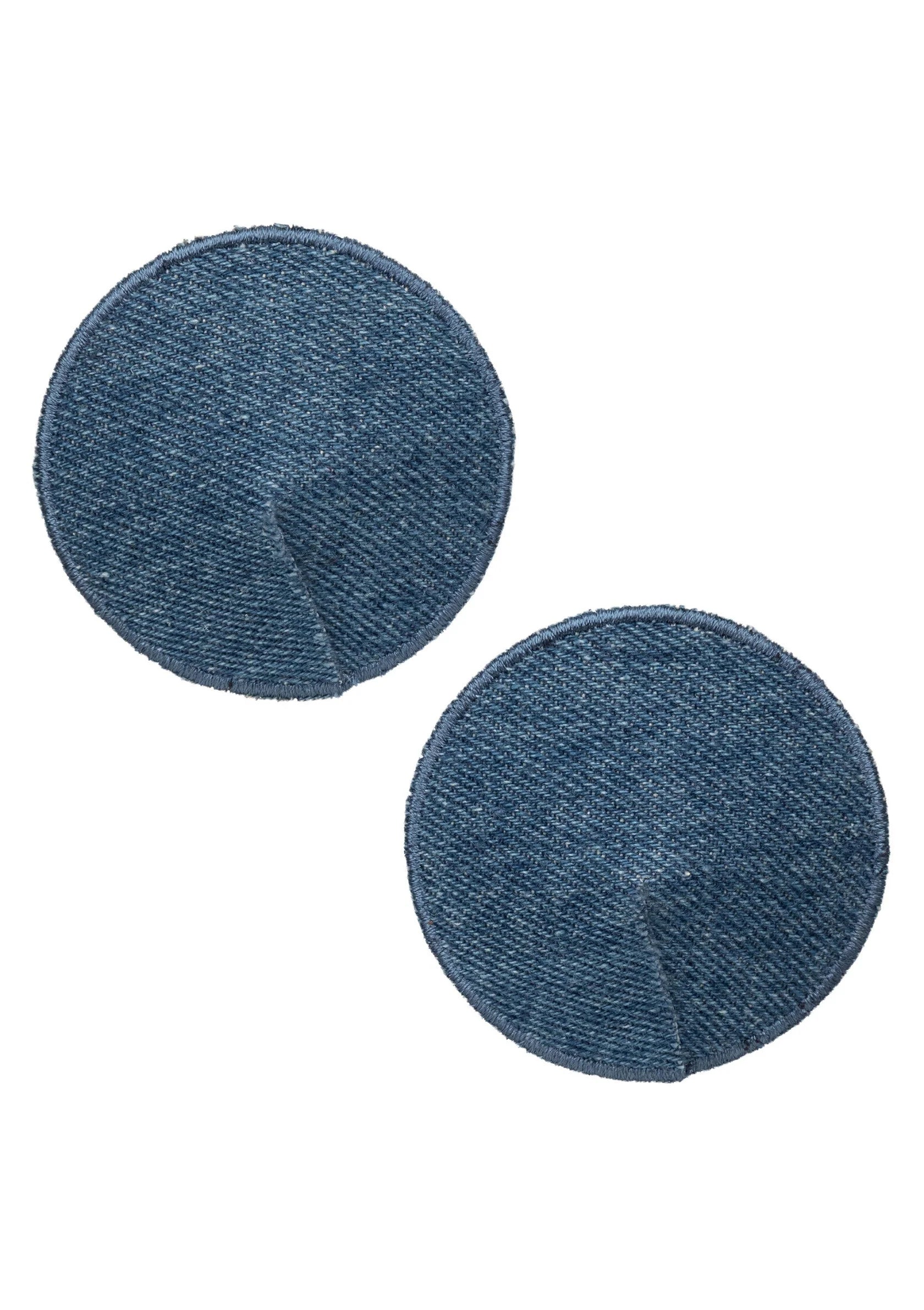 Set van twee ronde denim-look pasties, blauw, met zichtbare binnennaad