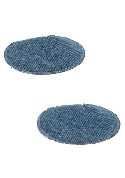 Twee ronde denim pasties, donkerblauw, met zachte, afgeronde randen