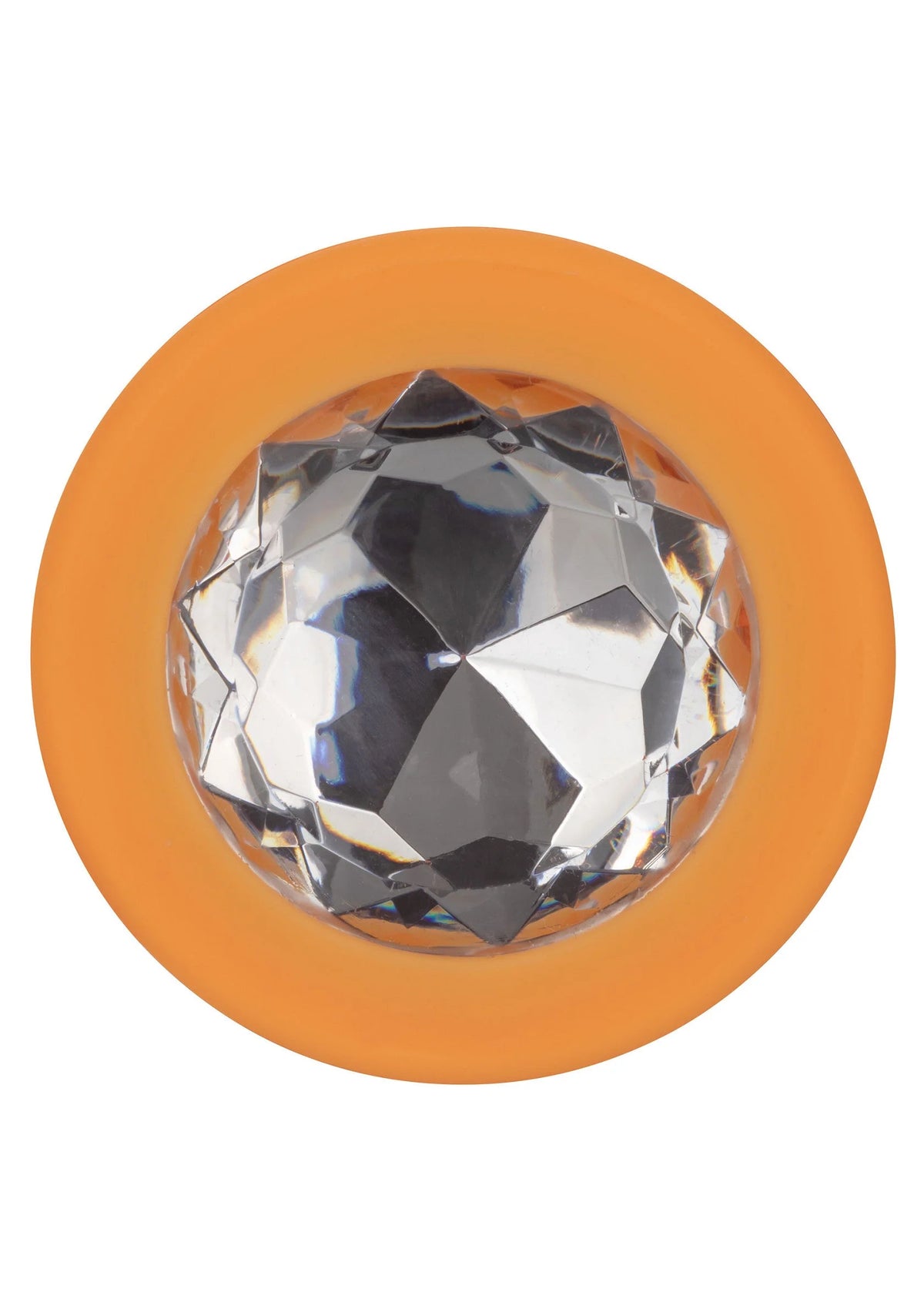 Oranje ronde kristal-inzet op anale plug, close-up van het glinsterende steentje.