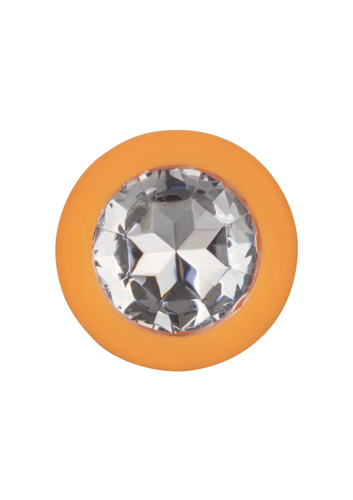 Oranje anale plug met grote kristal-inzet in ronde flens en gladde steel.