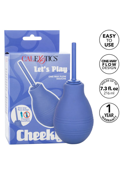 CalExotics douchebol met opzetbuis, blauw, met one-way flow design verpakking.