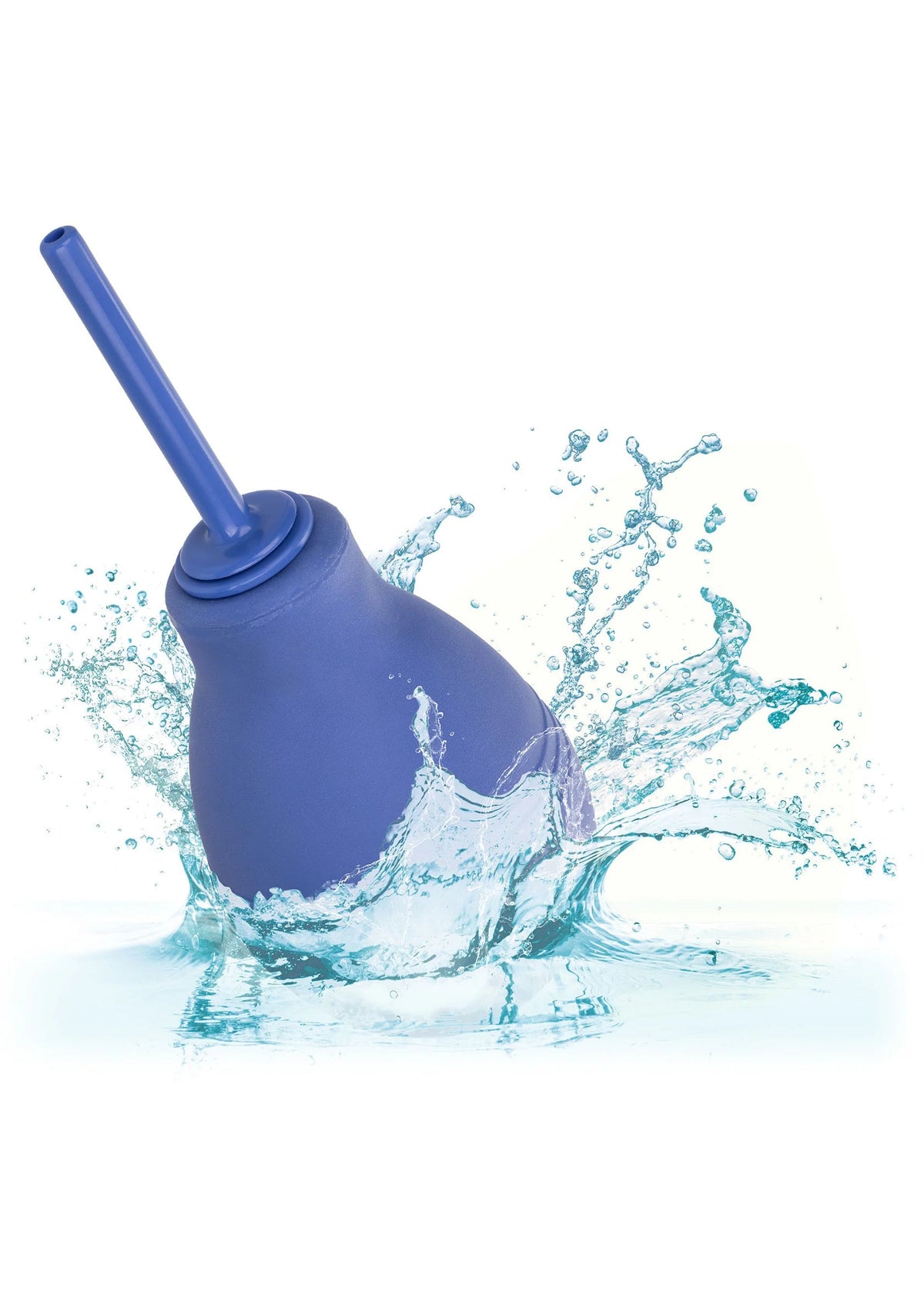 Blauwe one-way flow douchebol met opzetbuis, water dat opspat