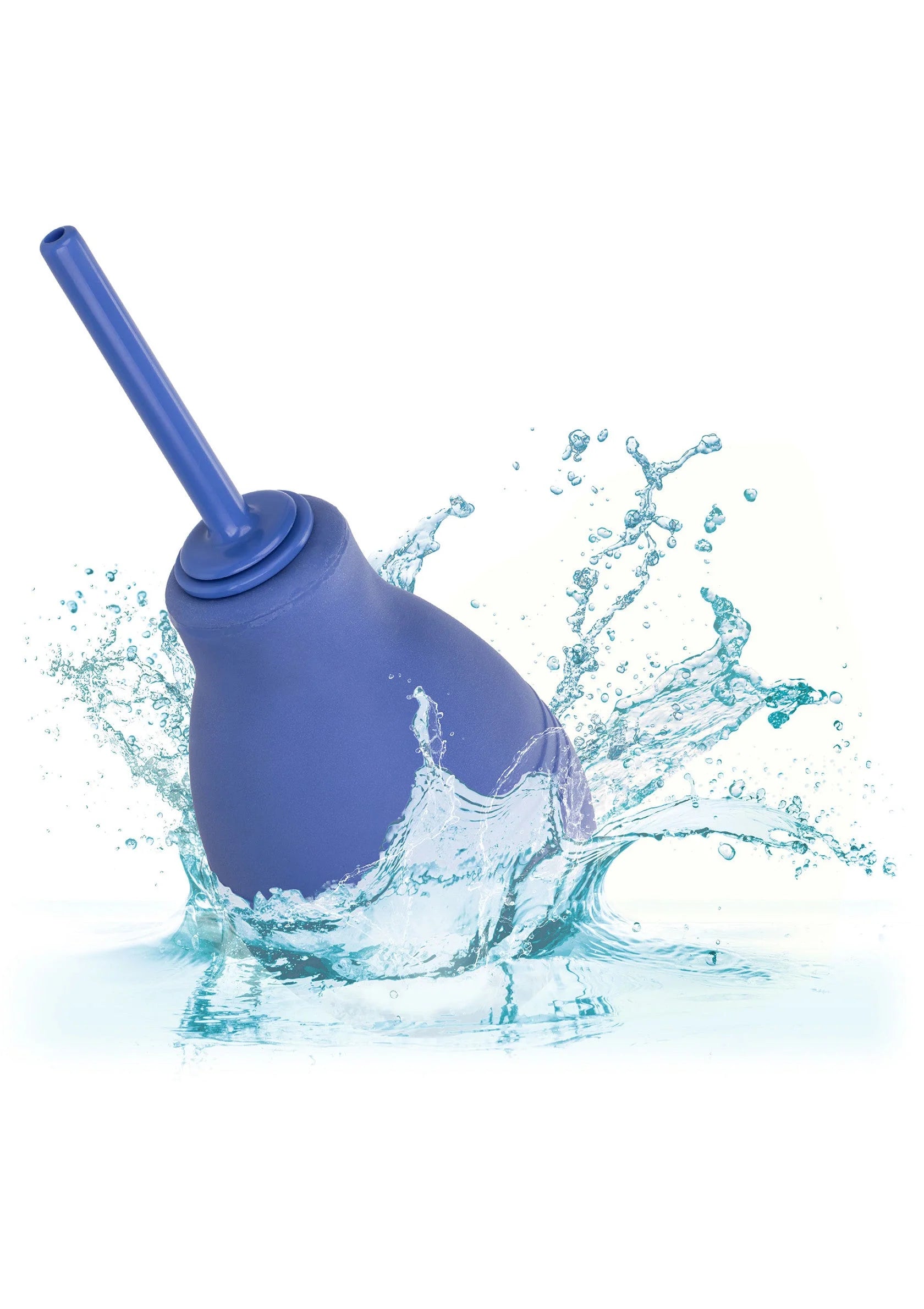 Blauwe one-way flow douchebol met opzetbuis, water dat opspat