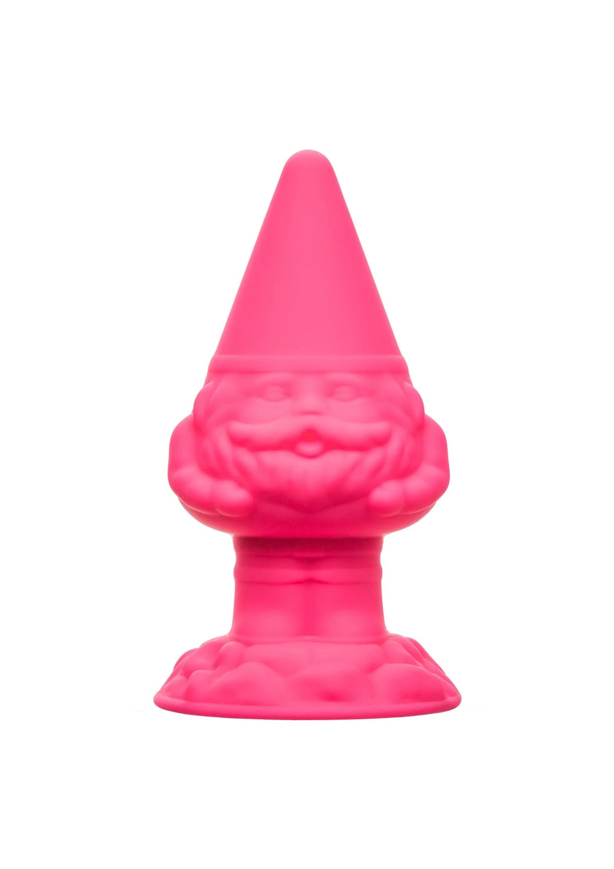 Roze gnome anusplug, frontaanzicht met puntige hoed en brede basis.