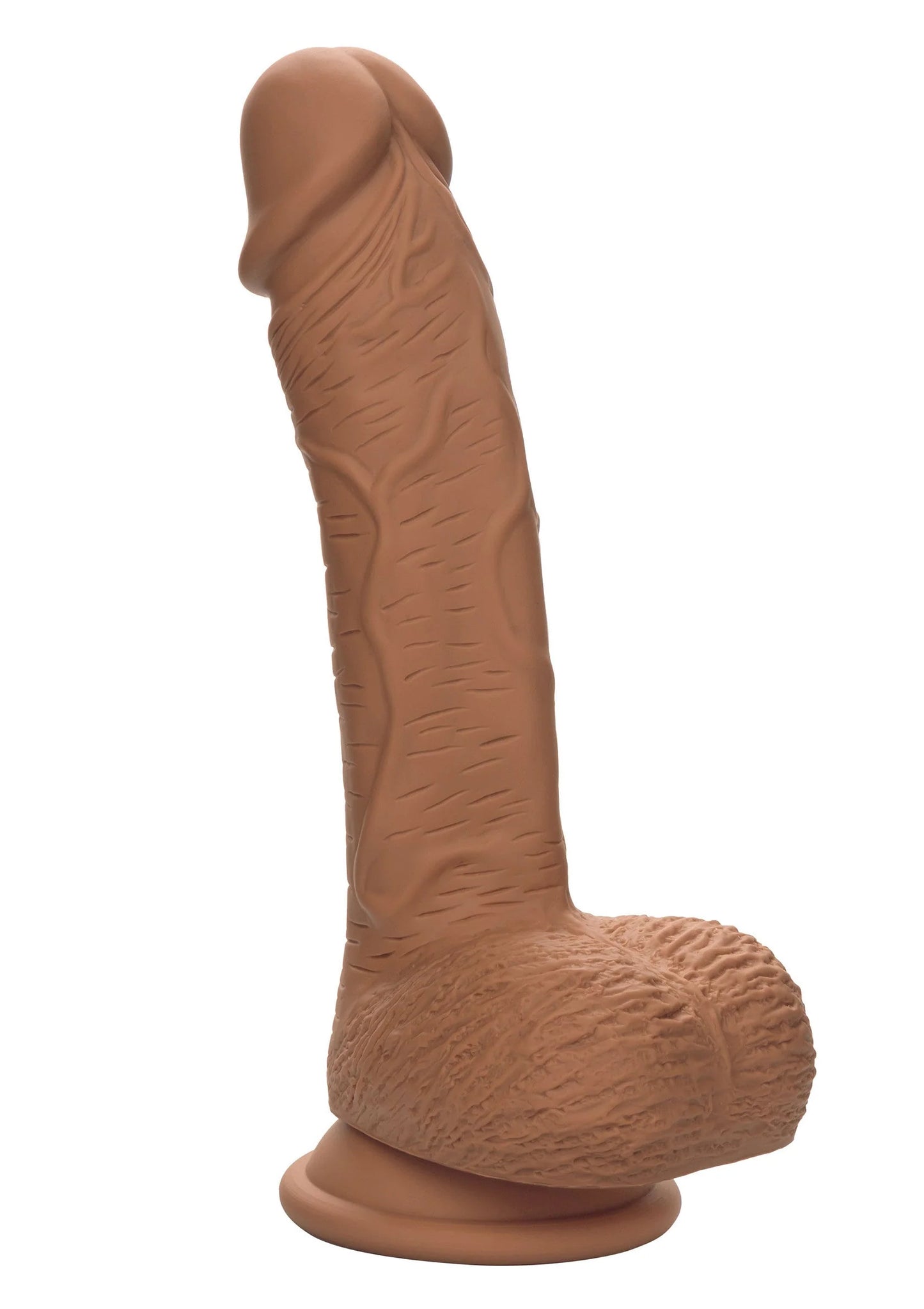 Bruine siliconen dildo schuin achteraanzicht met ronde voet en reliëftextuur