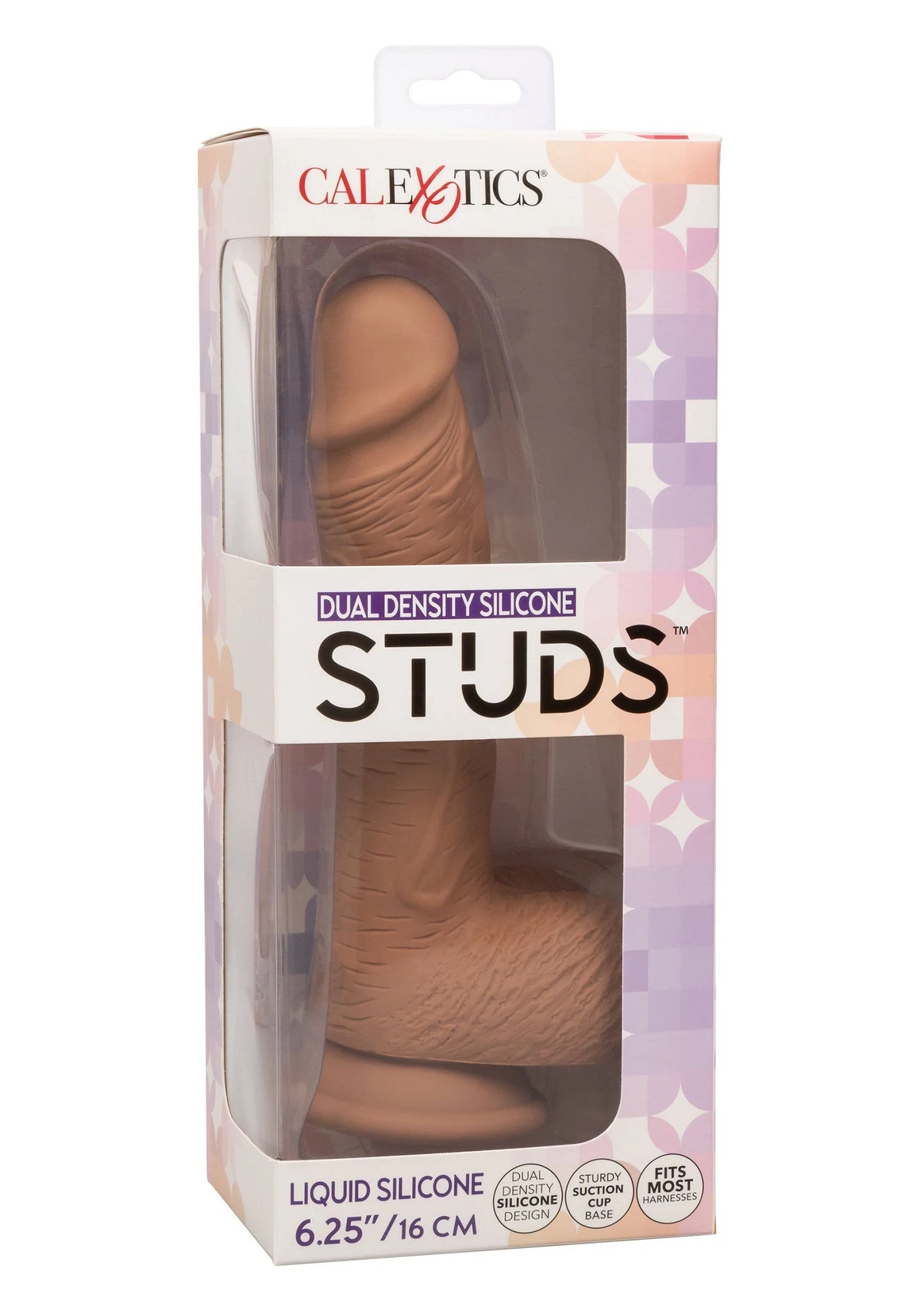 Verpakking van CalExotics Dual Density Silicone Studs: bruine siliconen seksspeeltje