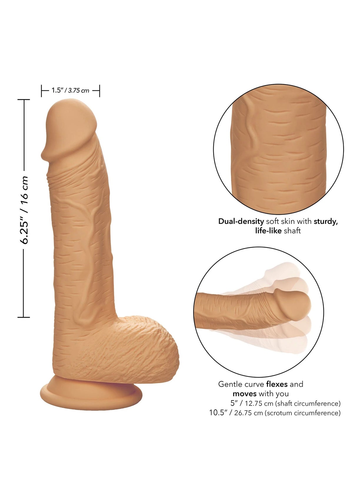 Bruine siliconen dildo met ronde basis en ingedeukte structuur, zijaanzicht