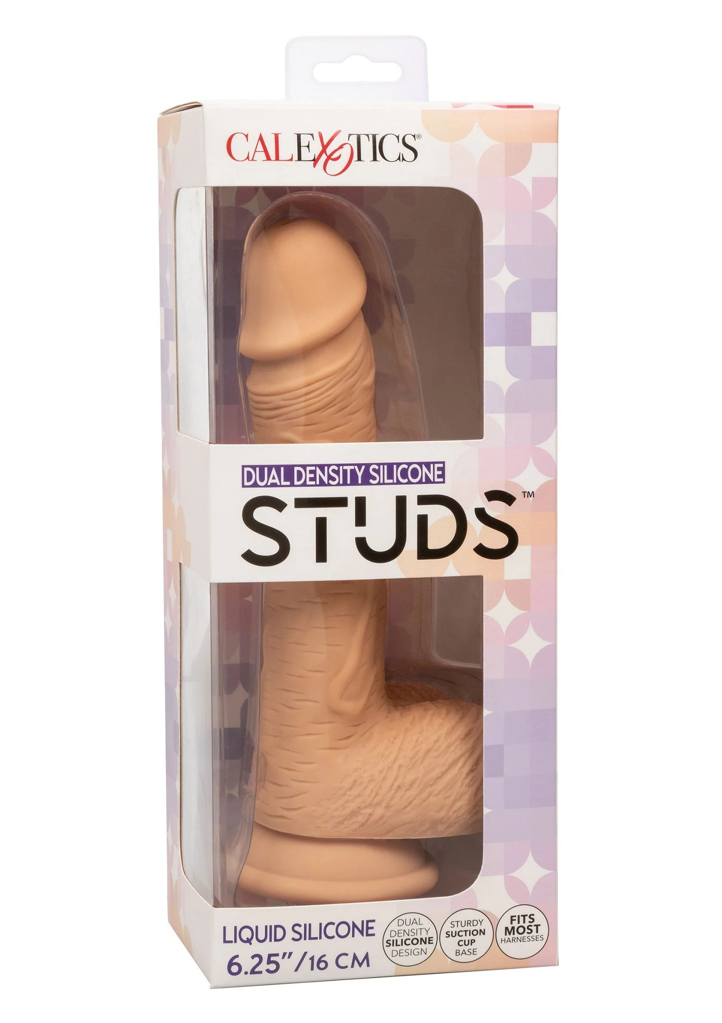 Verpakking van CalExotics dual density silicone studs: bruine siliconen dildo