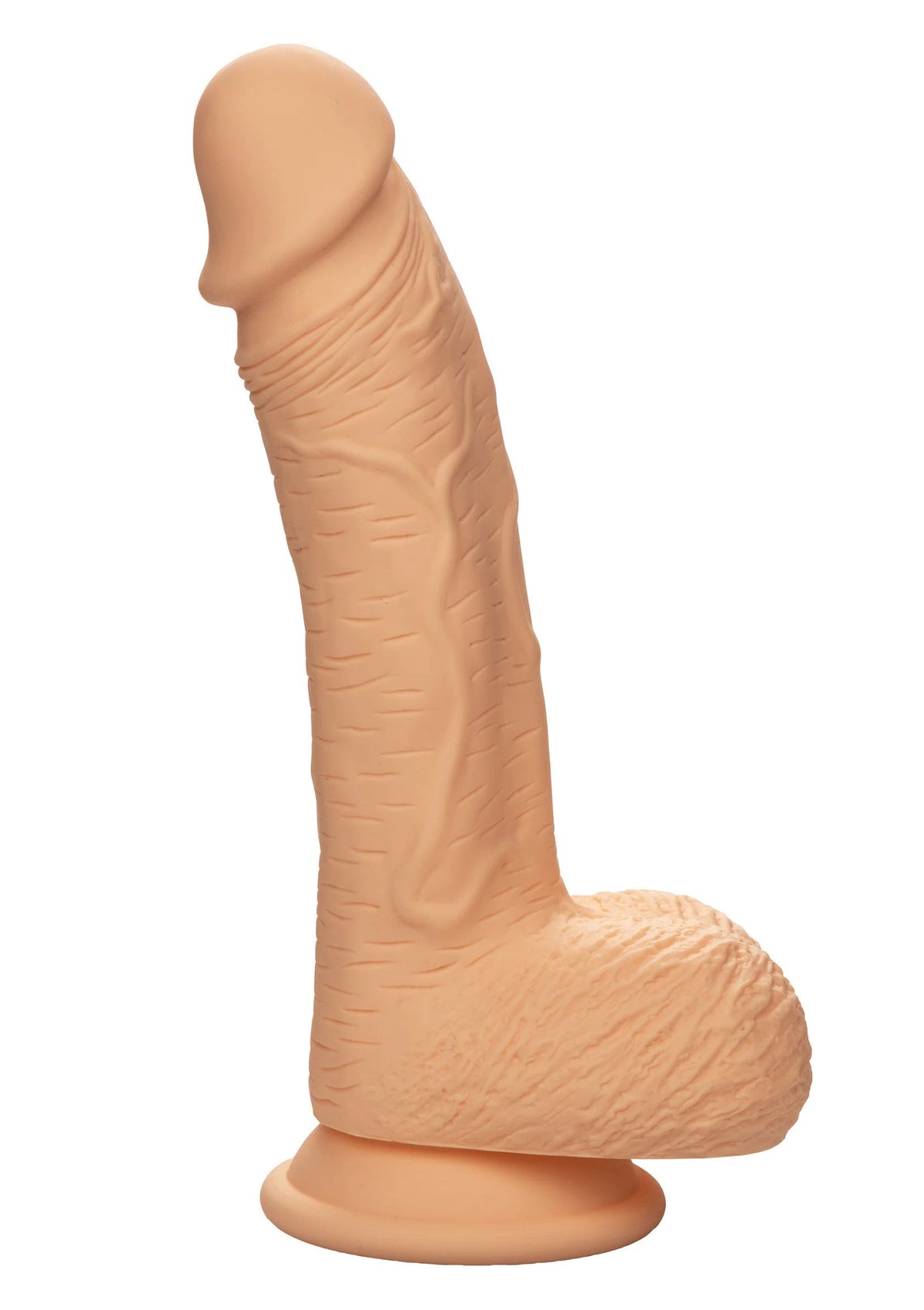 Bruine siliconen dildo met afgeronde kop en brede basis, schuin zijaanzicht