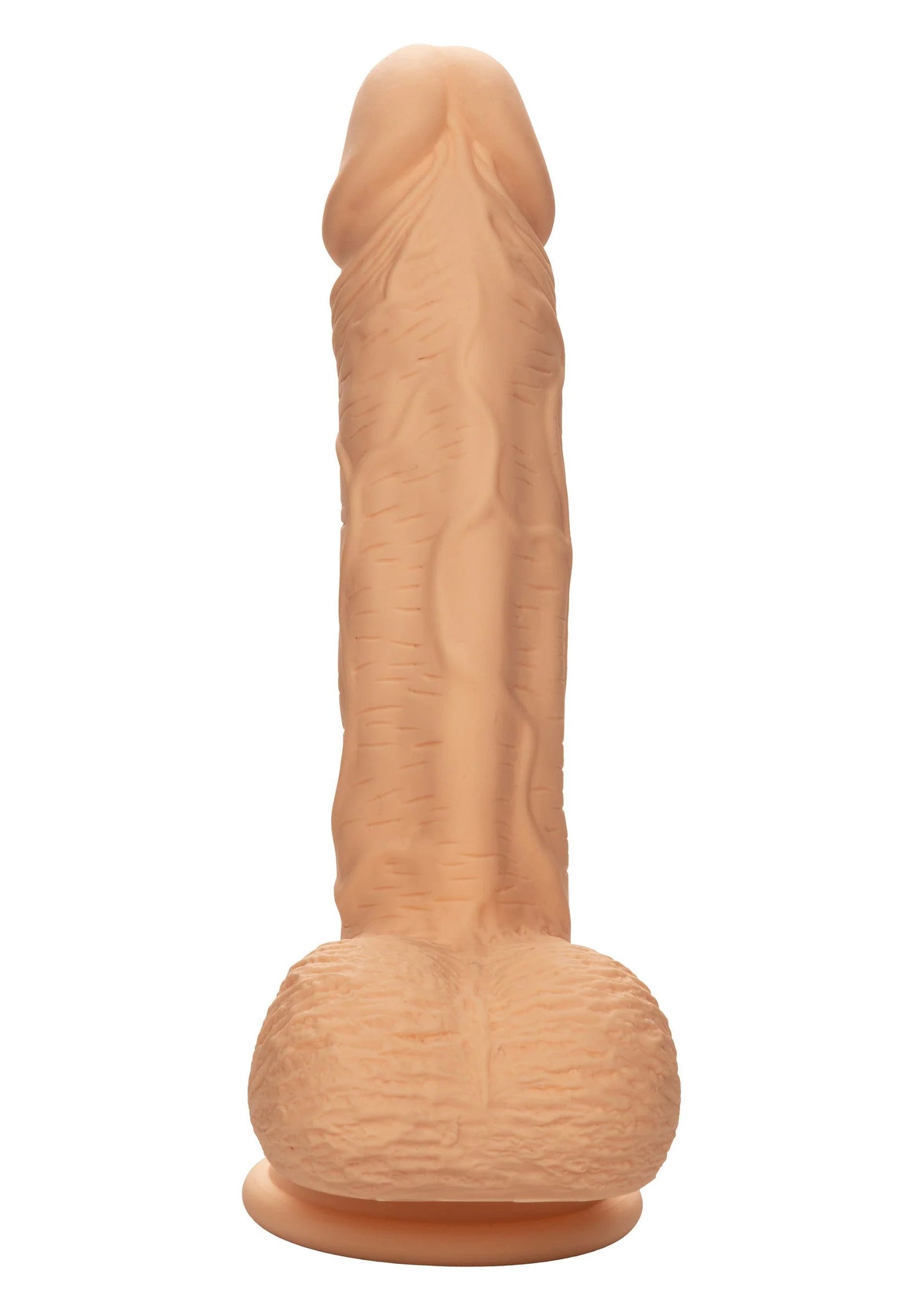 Bruine siliconen dildo met getextureerde schacht en ronde basis, achteraanzicht