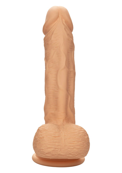 Bruine siliconen dildo met getextureerde schacht en ronde basis, achteraanzicht
