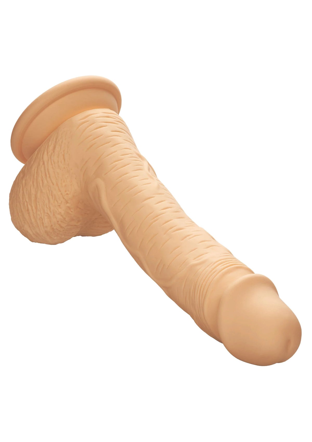 Bruine siliconen dildo, liggend schuin met afgeronde top en gladde aanzet