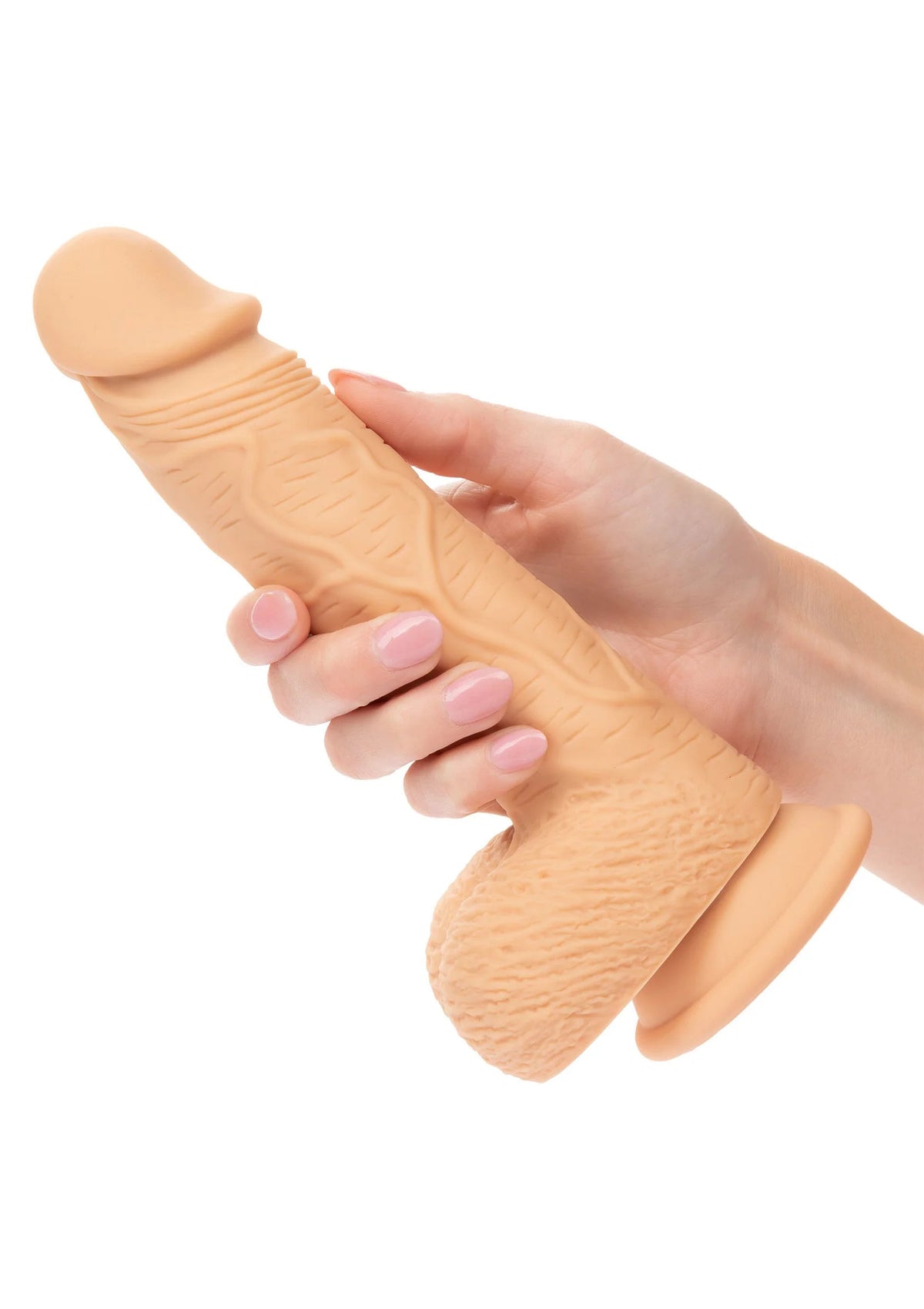 Bruine siliconen dildo in hand, met afgeronde top en textuurgrip