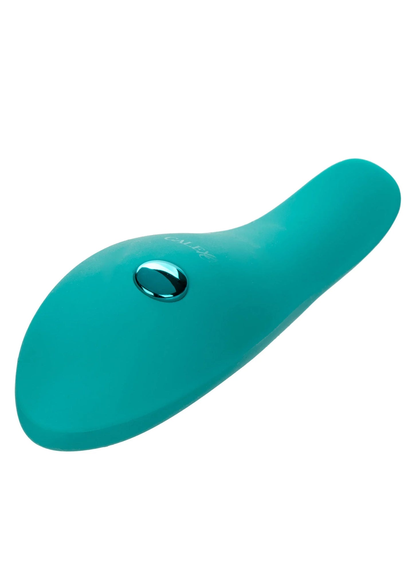 Turkooise glijder-vibrator met ronde metalen knop en afgeronde kop