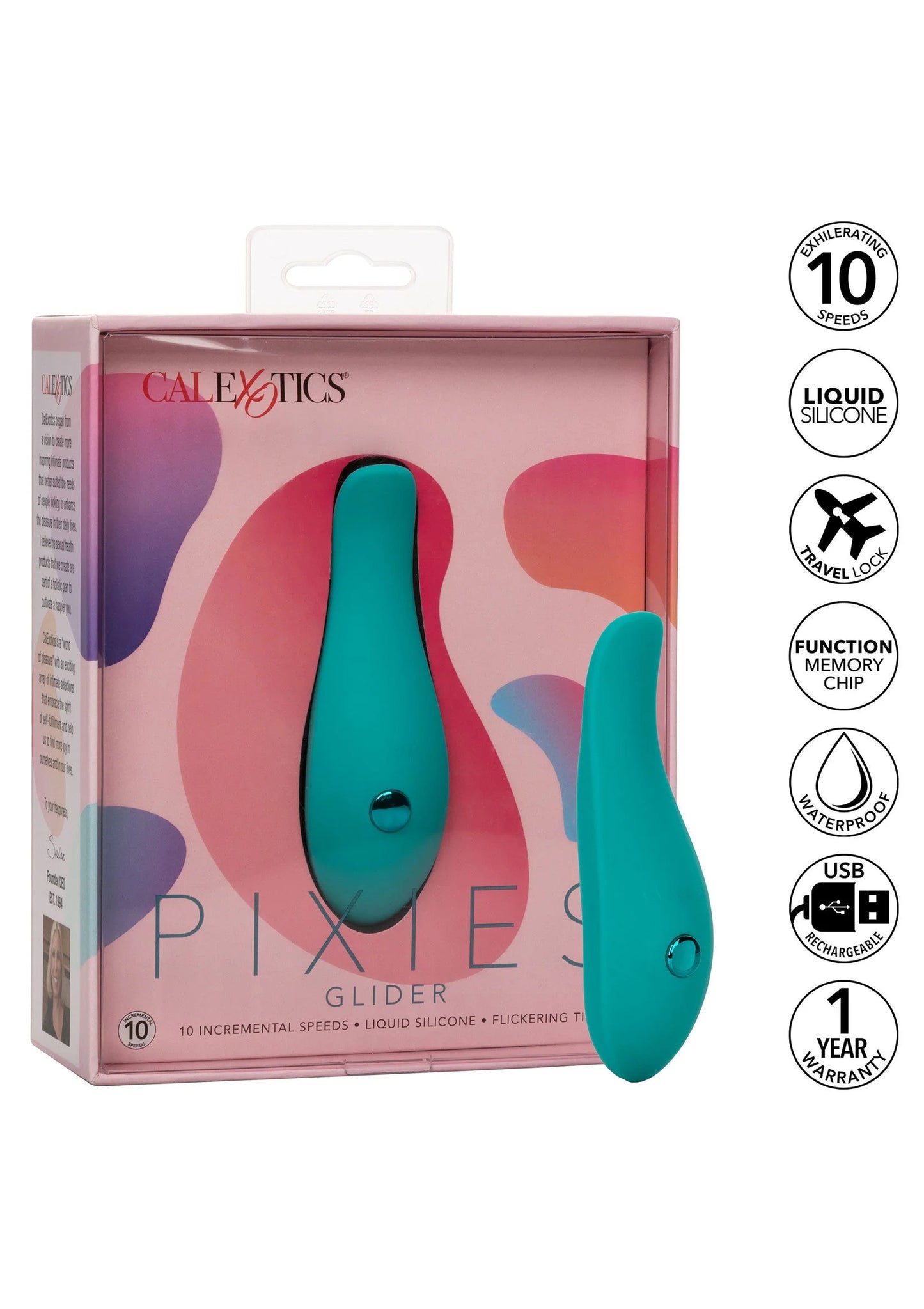 CalExotics Pixies glijder-vibrator in doos, turkoois toestel met bedieningsknop