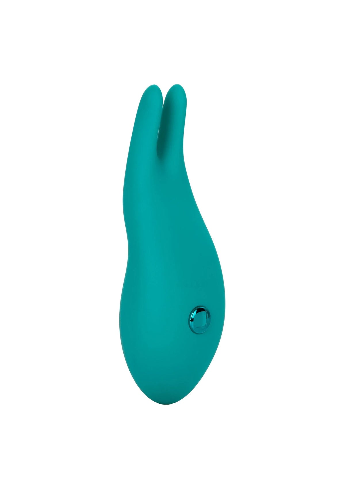 Turquoise konijn-vibrator met twee oren en ronde knop op de zijkant