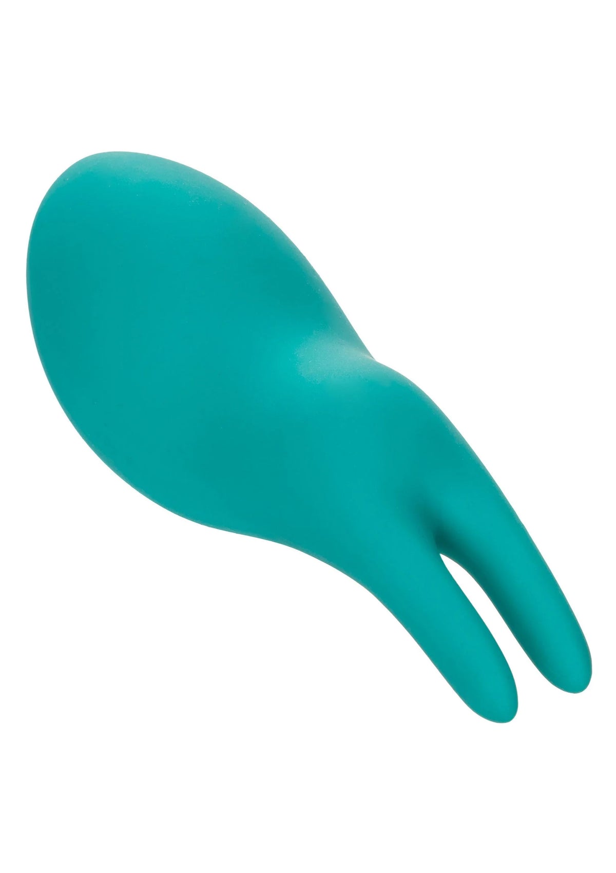 Turquoise konijn-vibrator in zijaanzicht met twee oren en ronde bedieningsknop