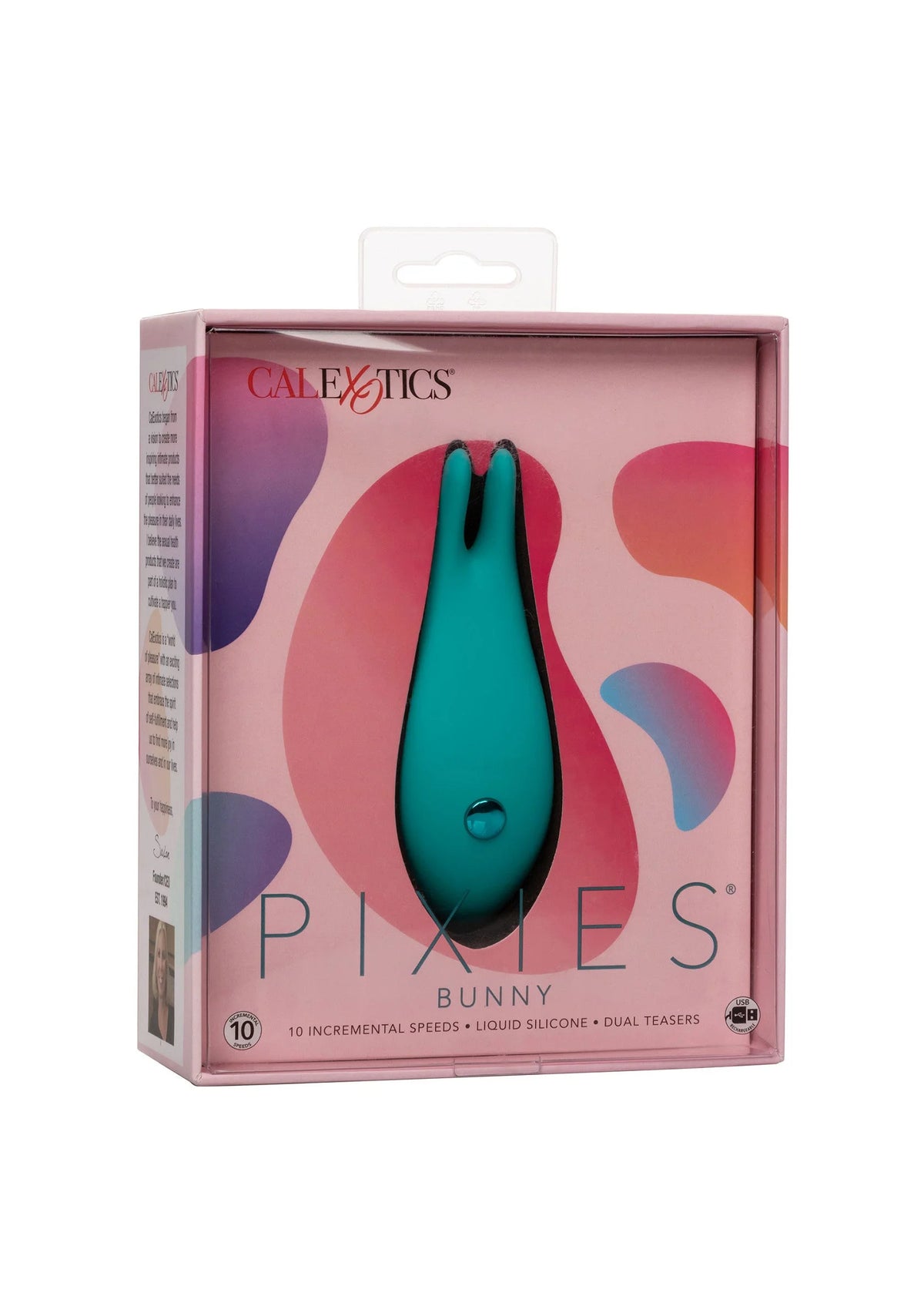 CalExotics Pixies Bunny verpakking met turquoise konijn-vibrator illustratie