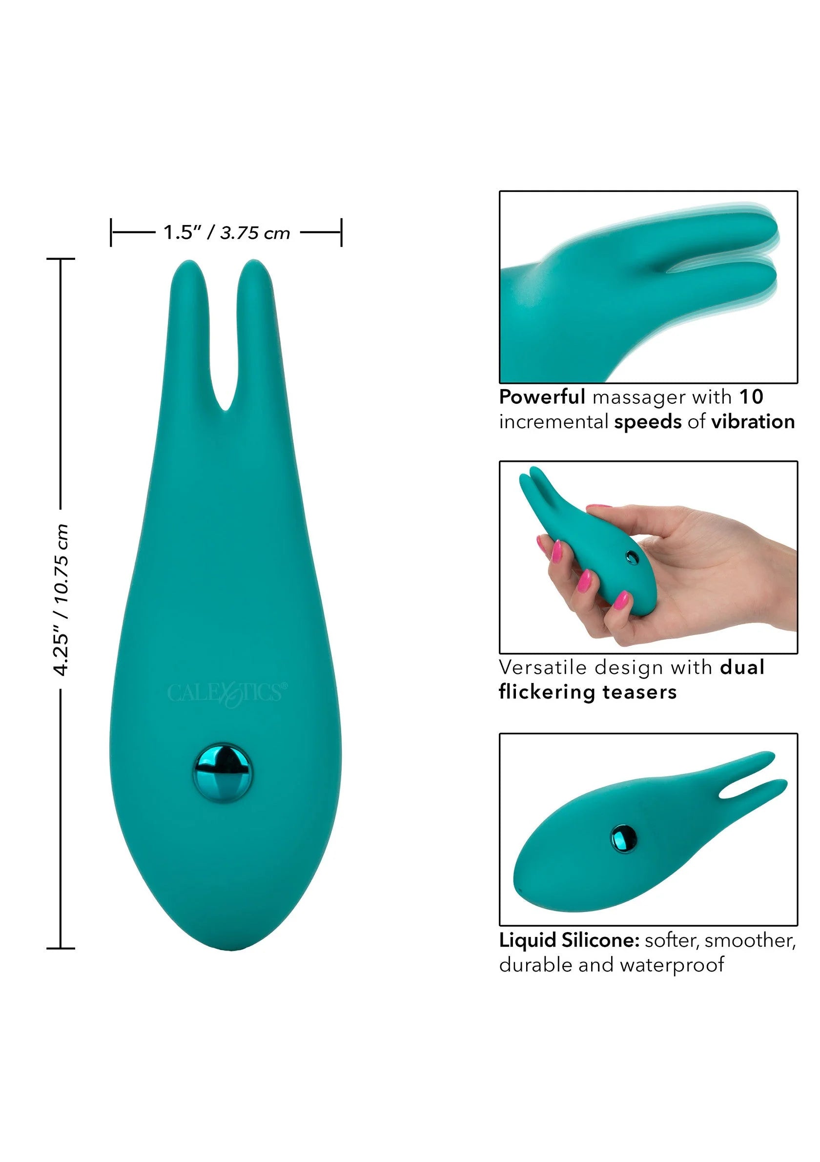 Turquoise konijn-vibrator met USB-oplaadkabel en ronde bedieningsknop